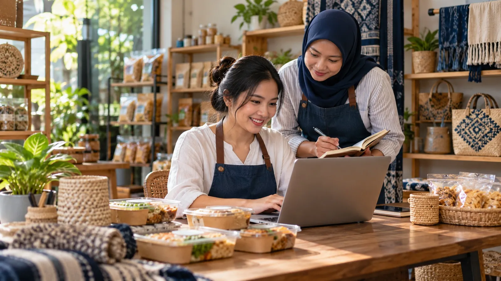 Pemilik UMKM mengelola produk dan pekerjaan bersama rekan dengan bantuan laptop