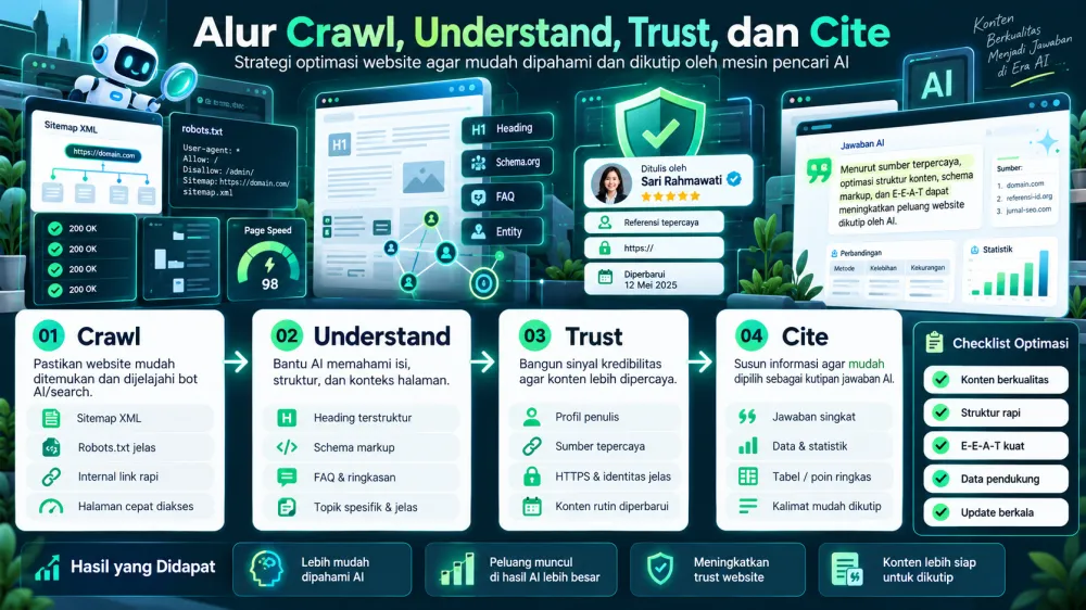 Alur crawl, understand, trust, dan cite untuk optimasi website di mesin pencari AI