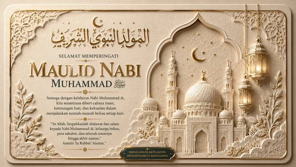 Contoh kartu ucapan Maulid Nabi embossed dengan ornamen timbul