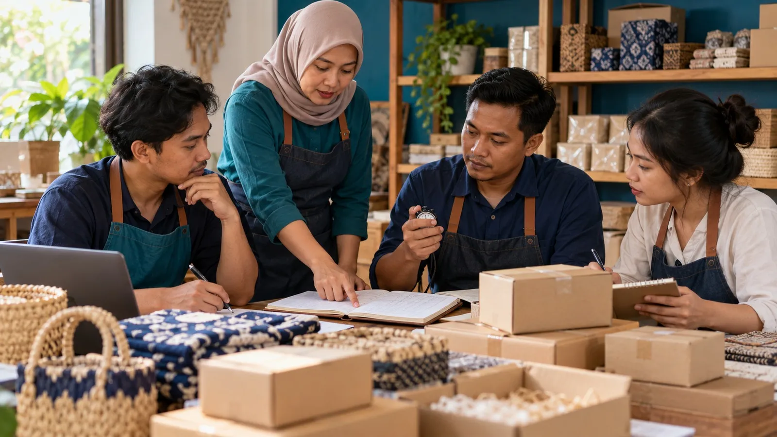 Tim toko membandingkan catatan kerja dan hasil pesanan pada evaluasi mingguan