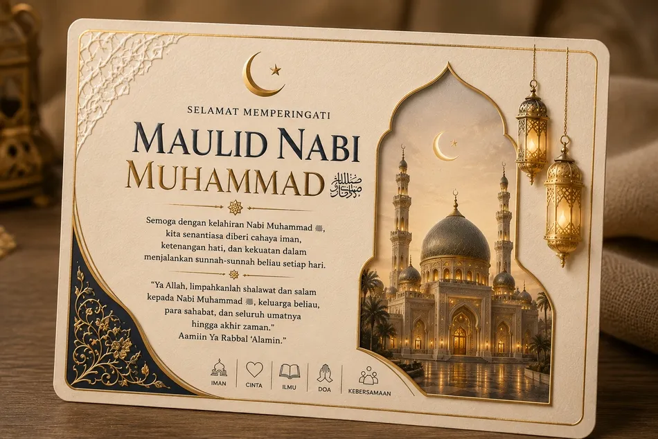 Contoh foto realistis kartu ucapan Maulid Nabi di atas meja