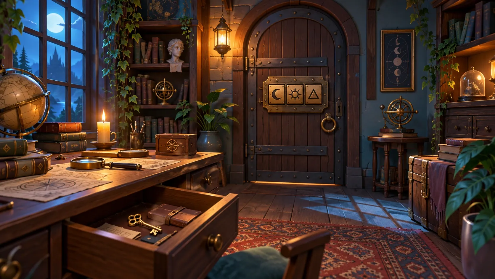 Ilustrasi konsep Escape room — Ruang Tiga Simbol Ilustrasi konsep Escape room — Ruang Tiga Simbol