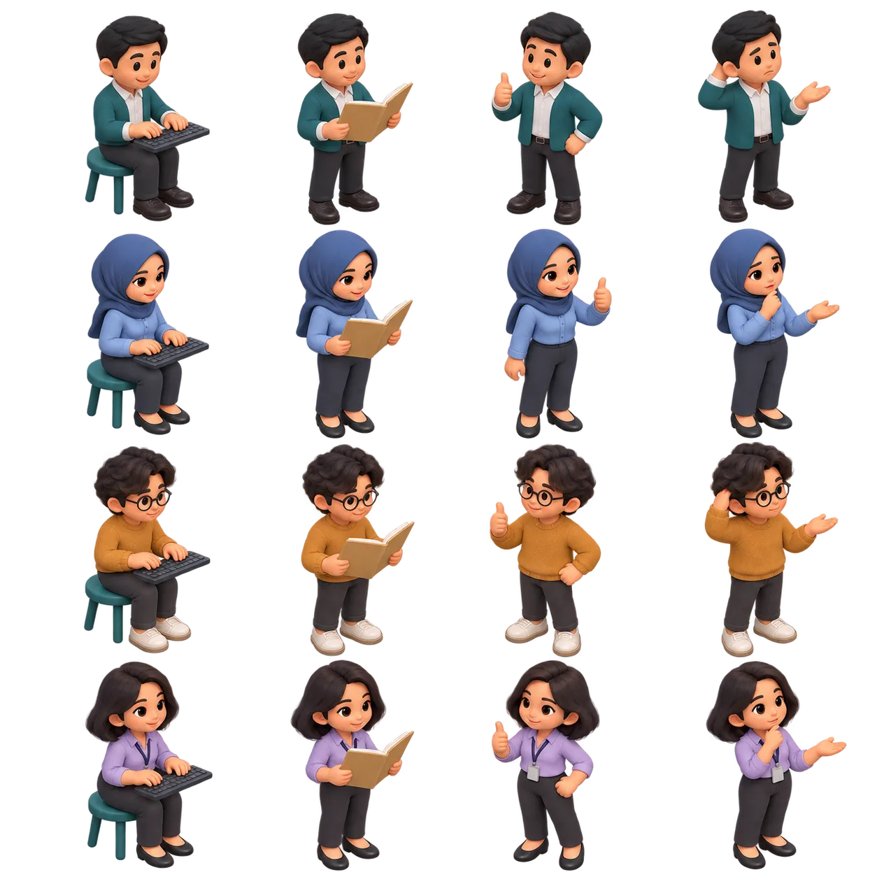 Atlas empat karakter kantor dengan pose mengetik, membaca, selesai, dan gagal