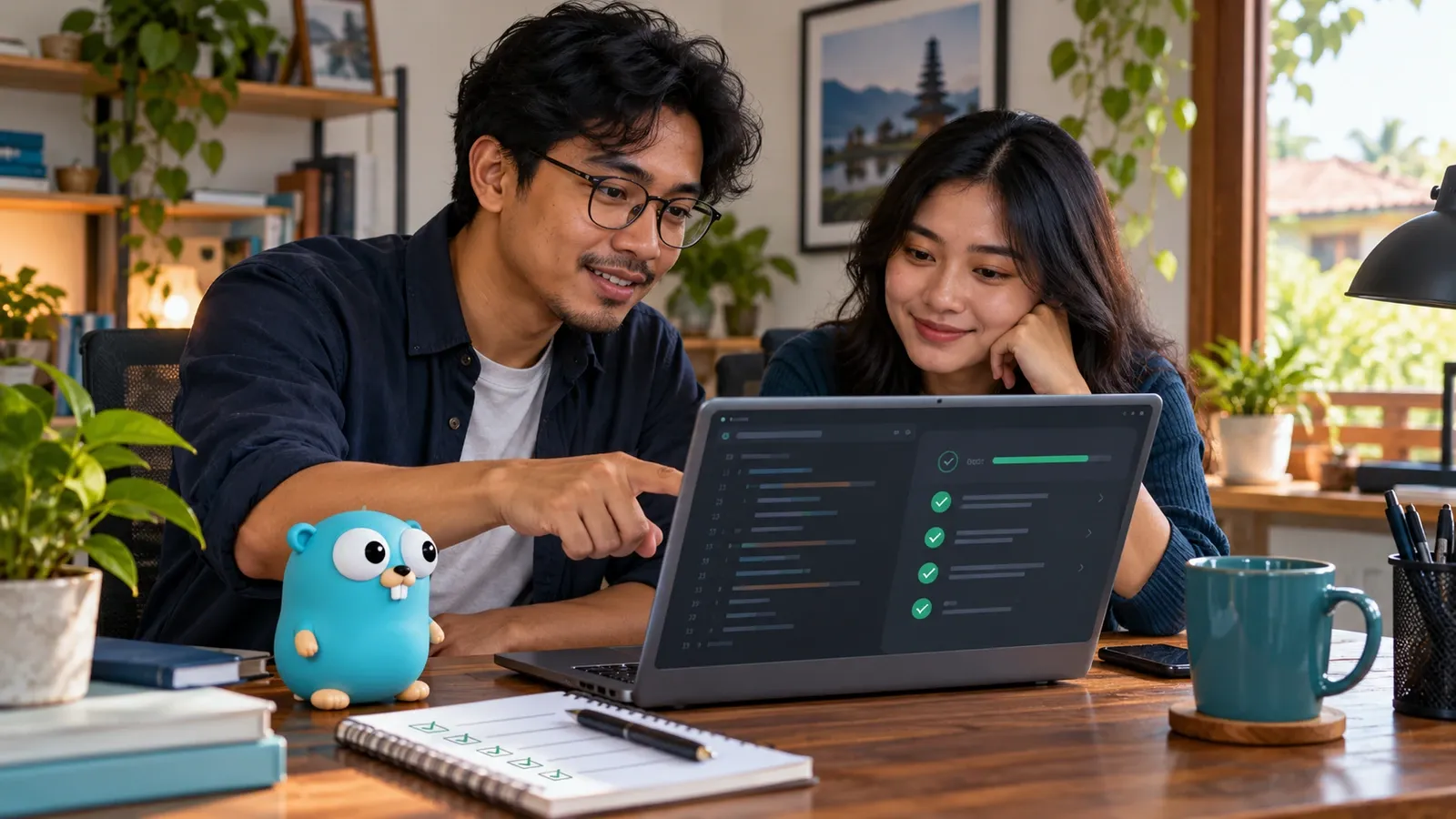 Ilustrasi meninjau kode Go dan hasil pengujian Ilustrasi meninjau kode Go dan hasil pengujian