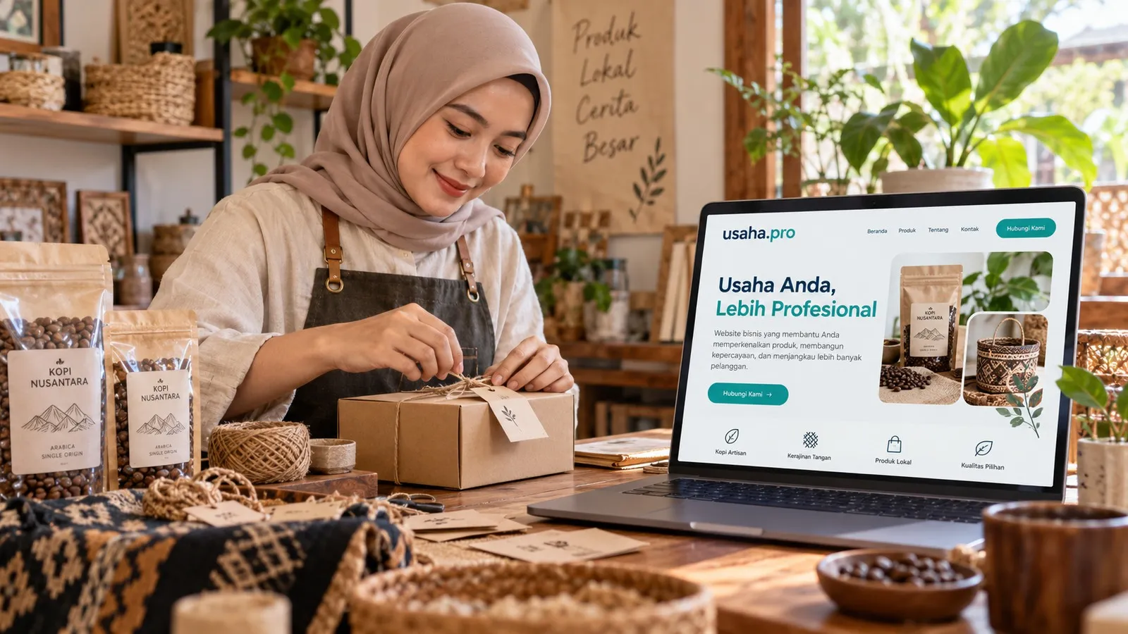 Pemilik UMKM mengemas produk dengan konsep website usaha.pro