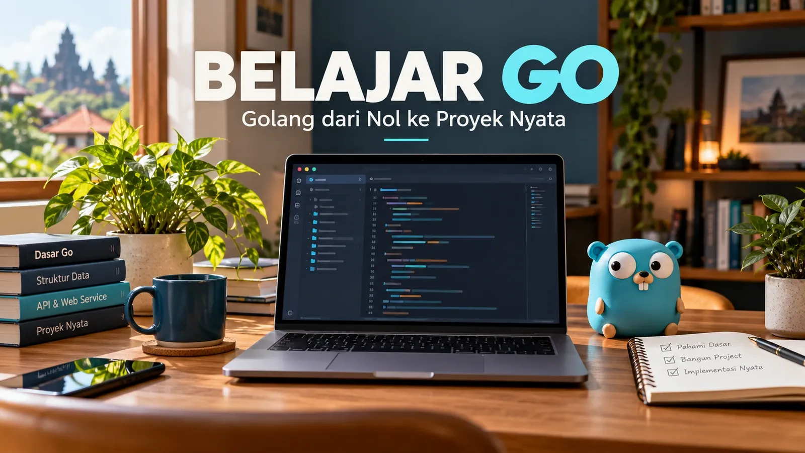 Ilustrasi meja kerja dengan laptop dan figur maskot biru untuk belajar Go Ilustrasi meja kerja dengan laptop dan figur maskot biru untuk belajar Go