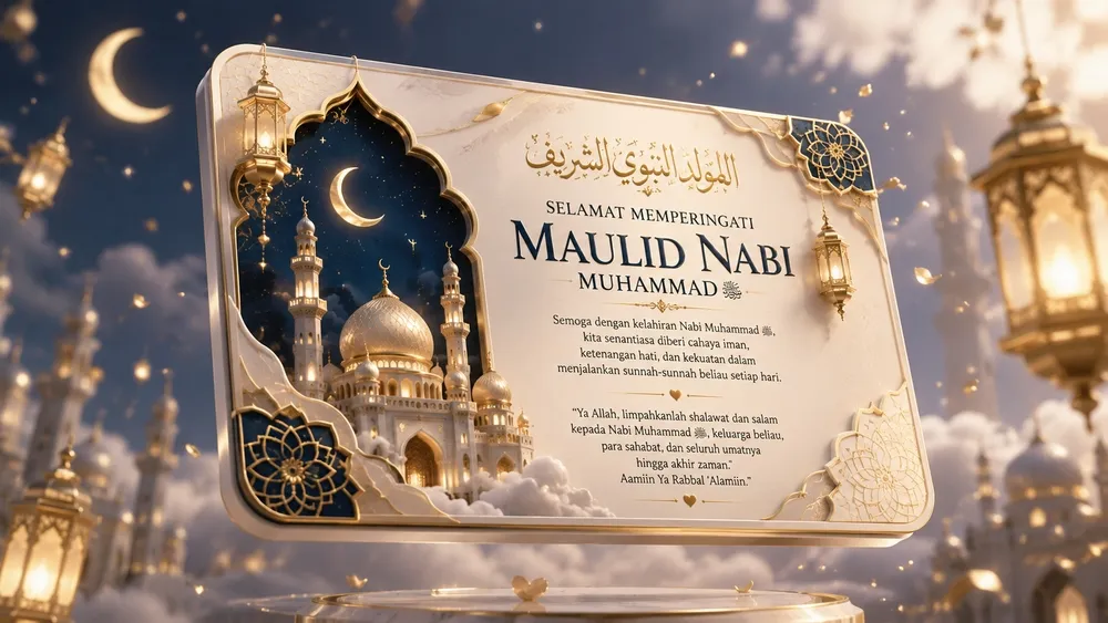 Contoh kartu ucapan Maulid Nabi 3D floating melayang dengan cahaya dan partikel