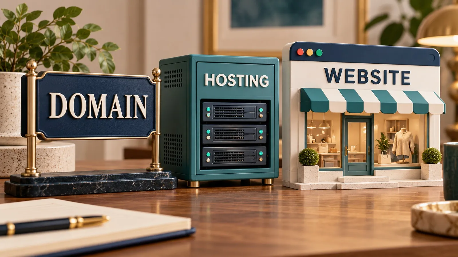 Model tiga objek untuk membedakan domain, hosting, dan website
