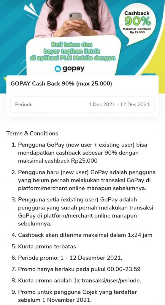 Beli token dan bayar tagihan listrik di aplikasi PLN Mobile dengan pembayaran Gopay Cashback 90% maksimal Rp25.000